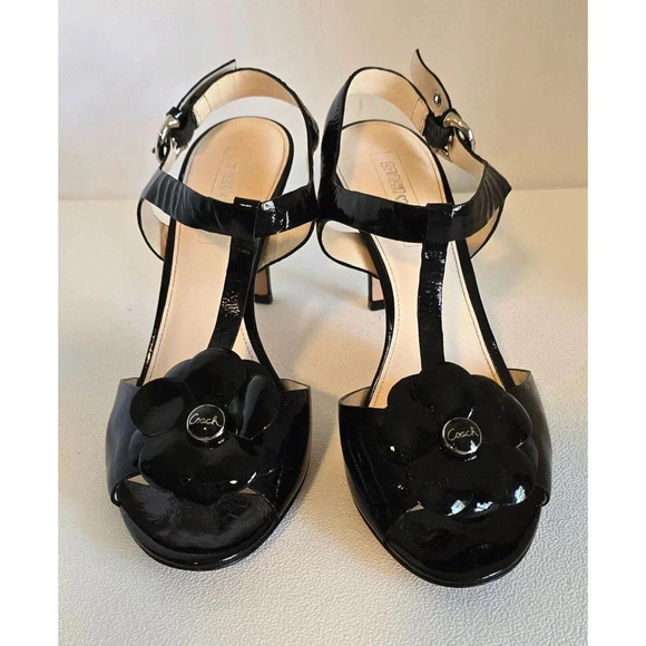 COACH Poppy Horizon Black Patent Leather Flower Ankle Heeled Sandals Sz 10 B - Picture 2 of 12
